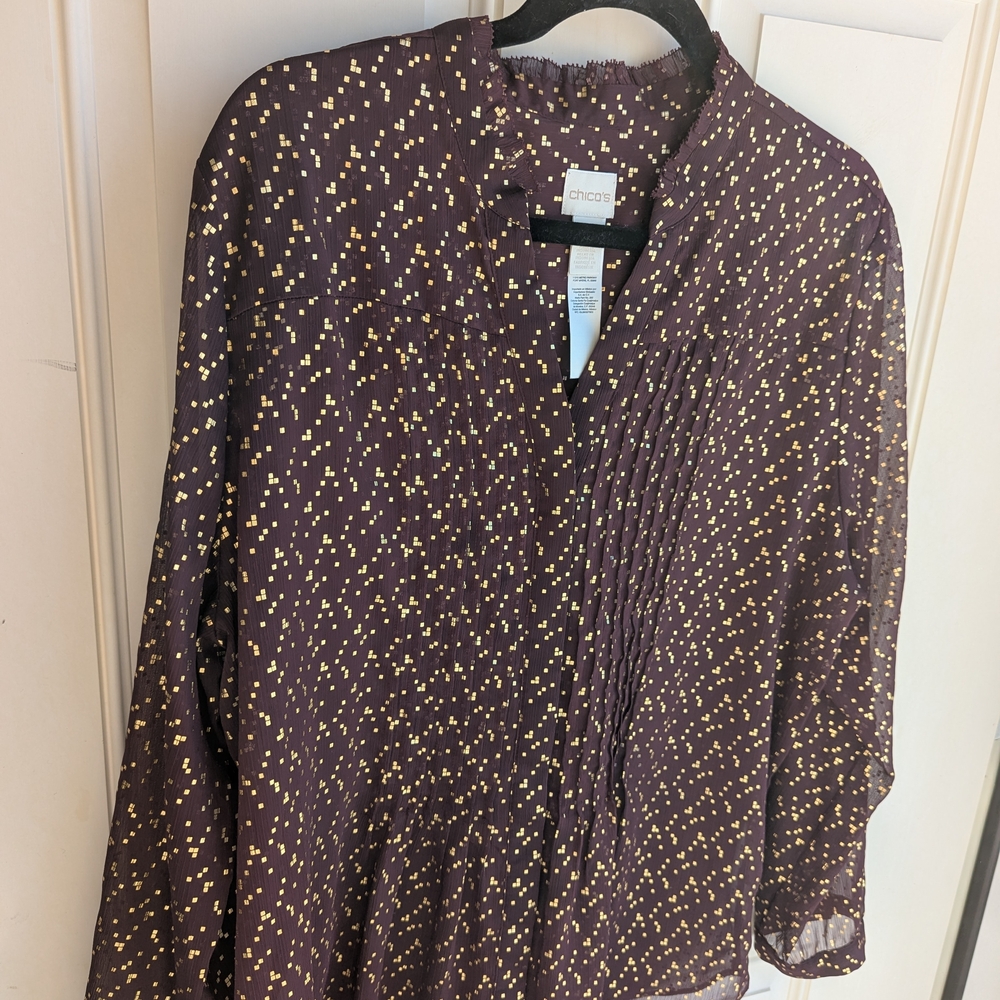Chico's Dark Purple Blouse with Gold Dots